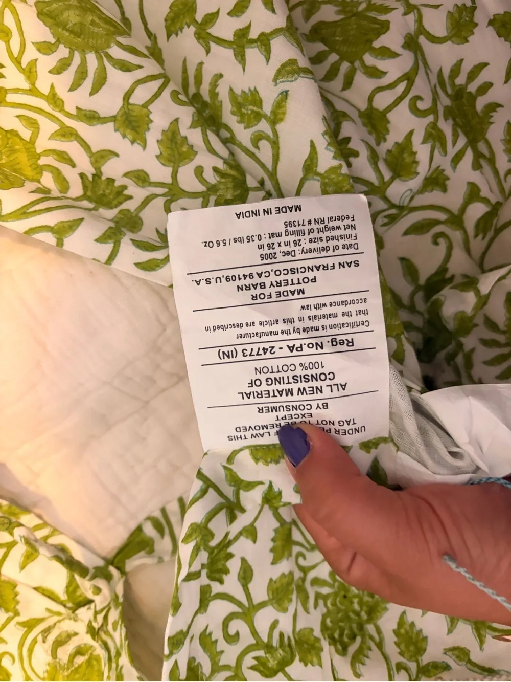 Two Pottery Barn Green and White Pillow Sham  Botanical Print